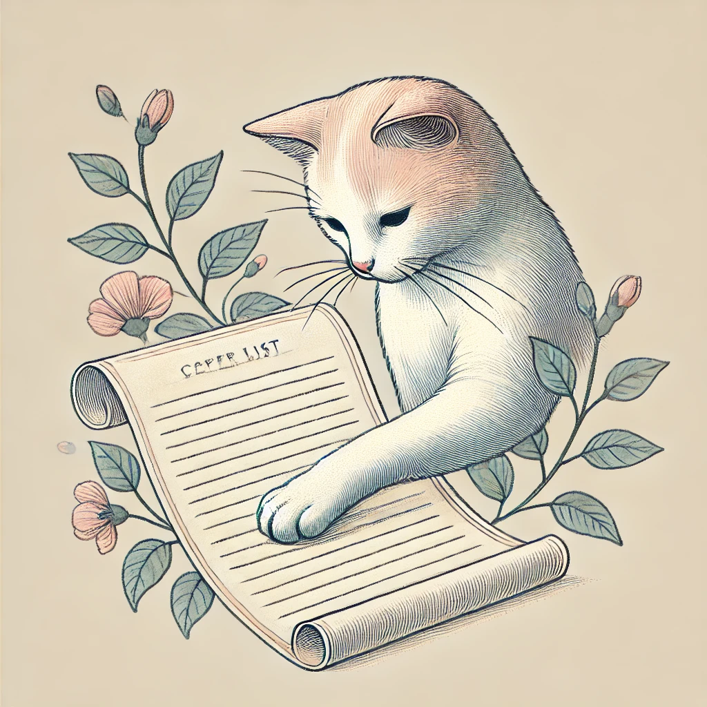 Katze legt eine Pfote auf eine Liste